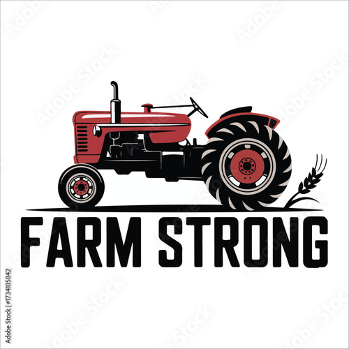 farm tractor vector  illustration on white background  with  strong text and wheat stalks