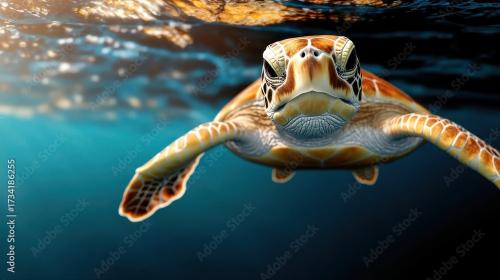 Obraz premium Serene sea turtle gliding through a vibrant coral reef in a colorful underwater scene