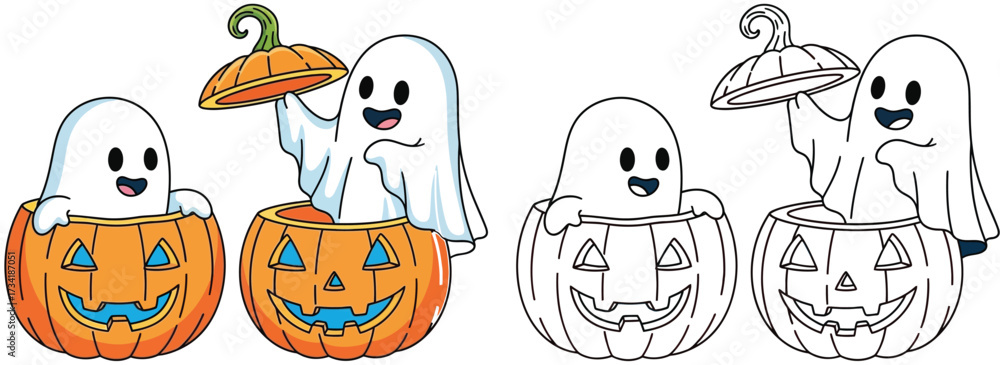 Obraz premium Cute Ghost Peeking Out of Jack-o'-Lantern Pumpkin for Halloween Celebration