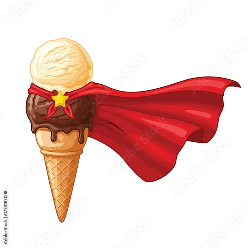 Vector illustration of a superhero ice cream cone with a red cape, featuring chocolate and vanilla scoops