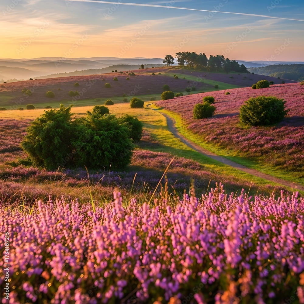Fototapeta premium Beautiful Heather Fields at Sunrise.