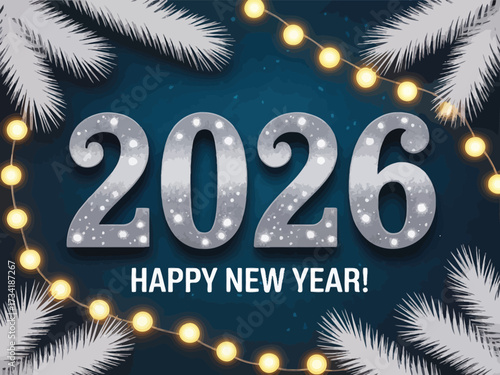Festive new year 2026 graphic illustration with lights and snow branches vector silhouette