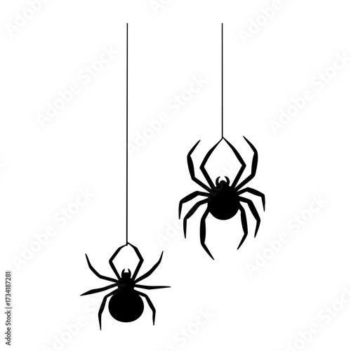 Black silhouette of two spiders, one hanging from a thread and the other crawling