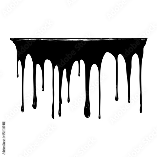 Black silhouette of dripping liquid, ink or blood drops flowing down, isolated on white background