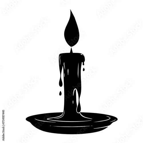 Black silhouette of a burning candle with wax drips on holder, isolated on white background