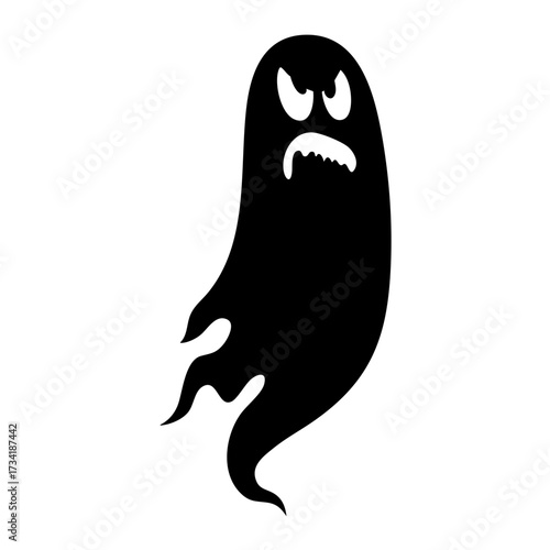 Black silhouette of an angry ghost with scary eyes and sharp teeth, isolated on white background