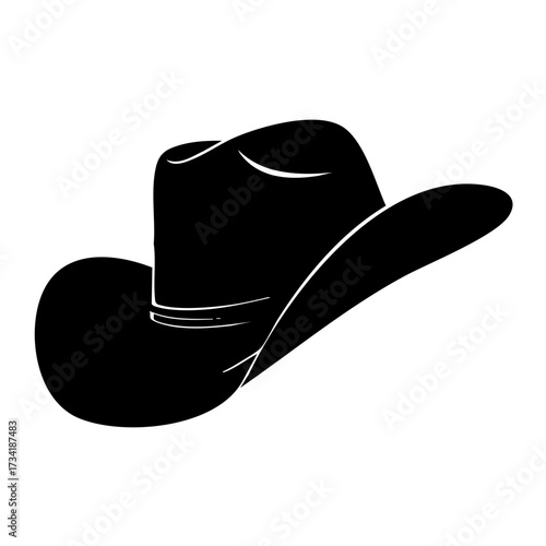 Black silhouette of a cowboy hat with wide curved brim and creased crown isolated on white background