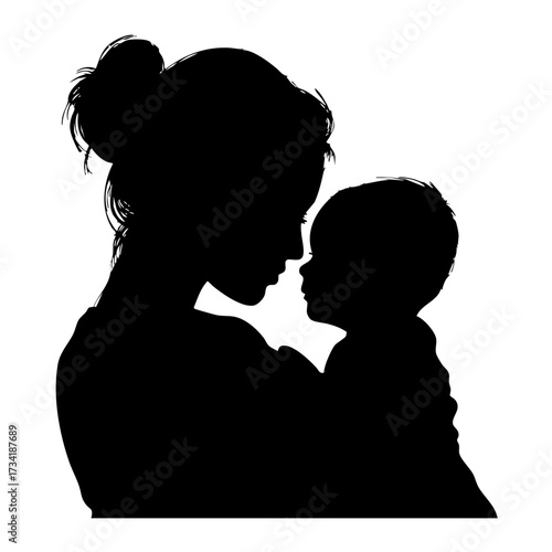Silhouette of mother holding baby facing each other closely isolated on white background