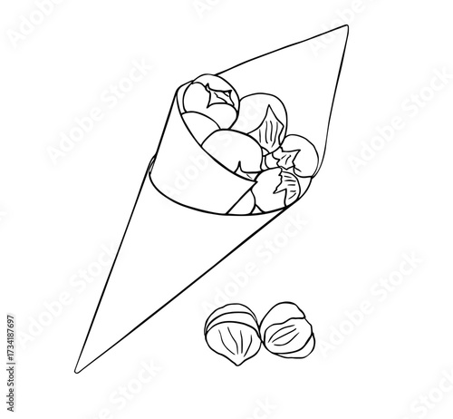 Unpeeled chestnuts in their skins in a paper cone cup line art
