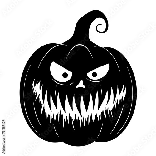Silhouette of spooky Halloween pumpkin jack o lantern with scary face isolated on white background