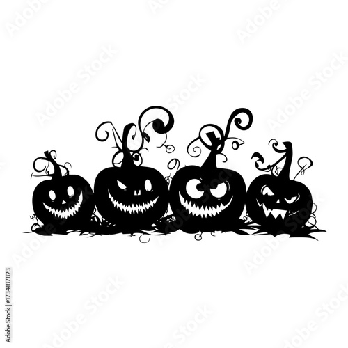 Silhouette of multiple Halloween pumpkins jack o lanterns with scary faces and curly stems isolated on white background