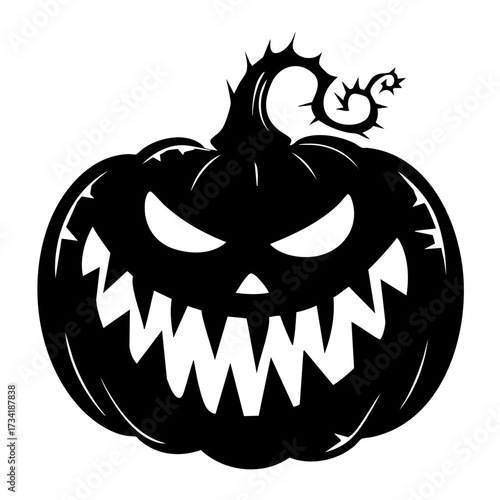 Silhouette of spooky Halloween pumpkin jack o lantern with scary face isolated on white background