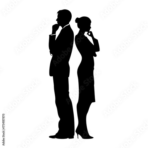Silhouette of business man and woman standing back to back thinking isolated on white background