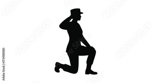 A kneeling soldier in uniform offers a salute black silhouette