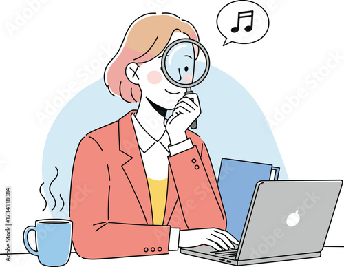 Woman working on laptop with magnifying glass, listening to music, analyzing data, searching information, coffee break, productivity and focus at modern digital workspace illustration