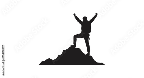 Victorious person standing atop a rocky peak arms raised in triumph silhouette