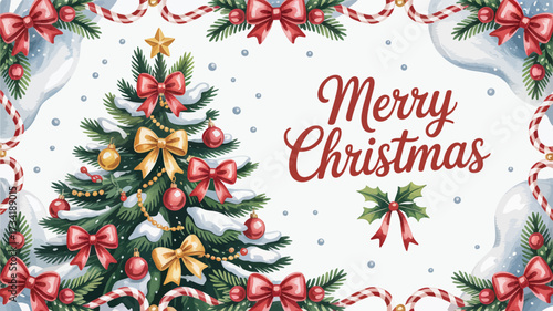 Joyful christmas greeting card vector illustration festive merry christmas tree decorations and holly design scalable eps silhouette