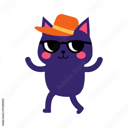 Adorable purple cat cartoon character wearing a stylish orange hat and sunglasses, a charming vector illustration perfect for fashion, animals, pet shop, or trendy design.

