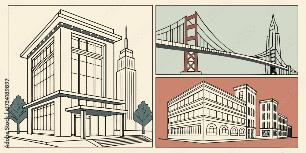 Fototapeta premium Architectural illustrations of landmarks and buildings in retro style