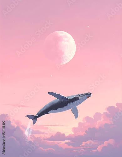 Whale flying across pastel pink sky with moon	