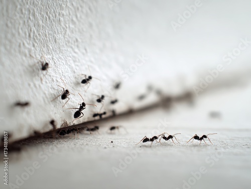 Ant Kitchen. Black Ants Group on Wall and Baseboards in Apartment