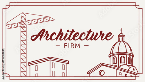 Architecture firm design, with architectural elements of crane, house, and church in minimalist style.