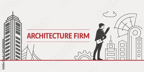 Architecture firm concept with modern design, building icon and urban skyline
