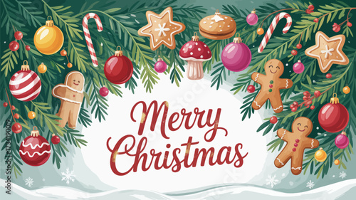 Charming christmas greeting card vector illustration featuring gingerbread cookies ornaments and festive decorations silhouette
