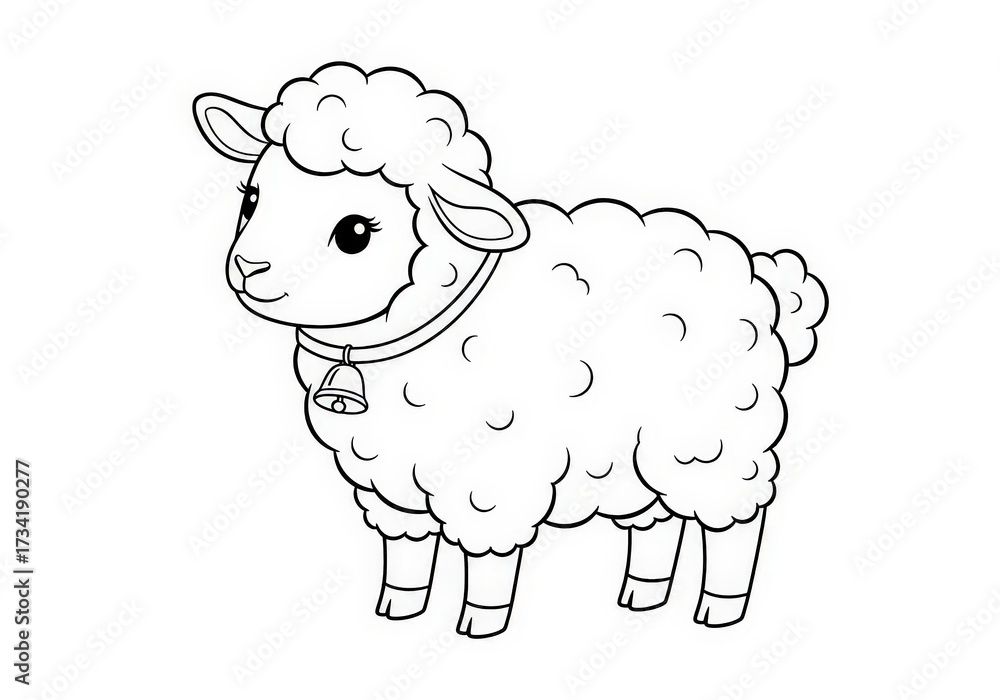 Obraz premium Cute Cartoon Sheep with Bell, Simple Outline for Coloring Pages and Illustrations