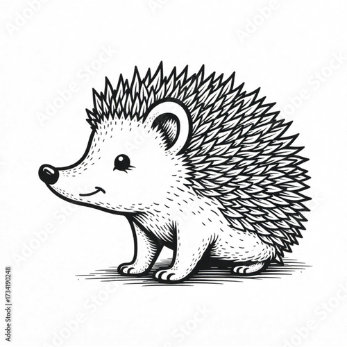 Minimalist line art of a stylized hedgehog with pointed snout and short spikes, black and white vector illustration, 