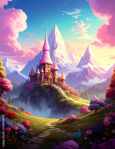 Whimsical dreamland with pastel rainbow sky	
