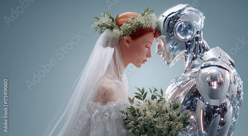 Bride in wedding dress kissing android partner. Perfect for love, technology, AI, human-robot relations, and futuristic concepts.