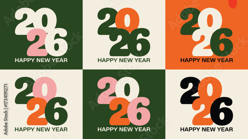 Collection of six vibrant square graphic designs featuring "2026" and "happy new year" declarative text silhouette