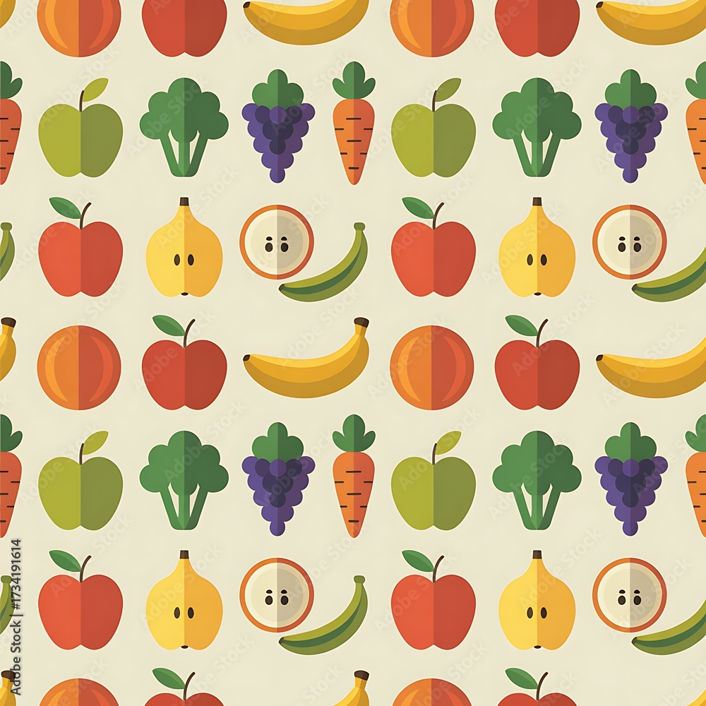 Seamless Fruit and Vegetable Pattern Design with Apples Bananas Carrots and Broccoli for Healthy Eating Concepts and Food Related Graphic Backgrounds