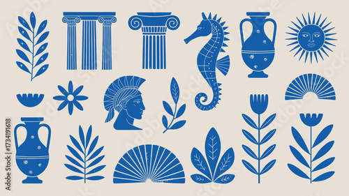Collection of blue minimalist abstract greek mythology elements and nature motifs vector illustration eps silhouette