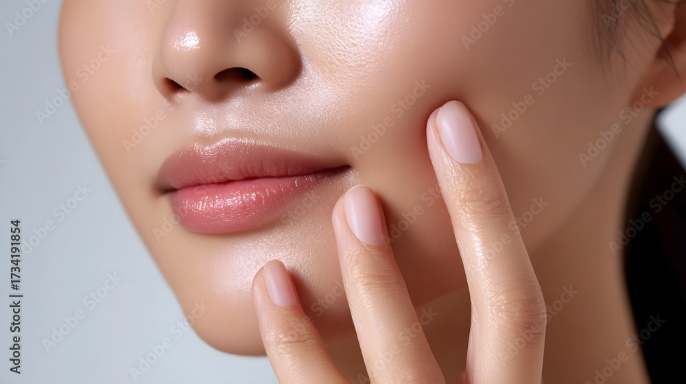 Fototapeta premium A soothing close-up portrait capturing the delicate features and natural glow of a woman's face, with her hand resting gently on her cheek in a tranquil, contemplative pose.