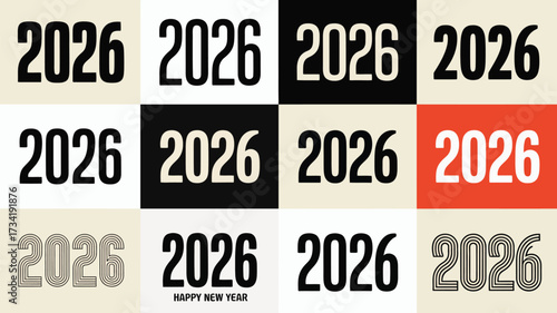 Collection of twelve 2026 year text vector graphics scalable eps illustration variations silhouette