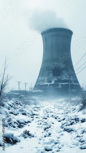 Industrial tower in snowy landscape with fog and overcast sky