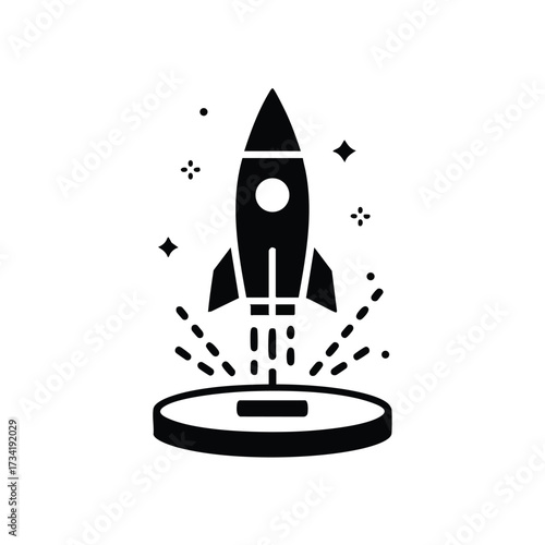 Stylized rocket launching from a circular platform with dynamic lines and sparkles representing propulsion and energy