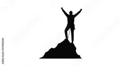 A triumphant figure with arms raised standing on a peak silhouette