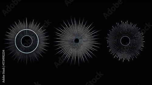 Abstract Black Background with Three Glowing Circular Shapes and Radial Lines.