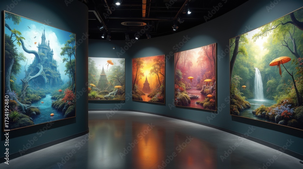 Fototapeta premium A futuristic gallery scene displaying synthetic ecology paintings with biomorphic AI forms intertwined into living ecosystems, set in ambient light. 