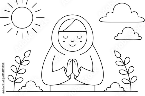 Cartoon person in a hooded robe praying with hands together under a smiling sun and clouds prayer meditation