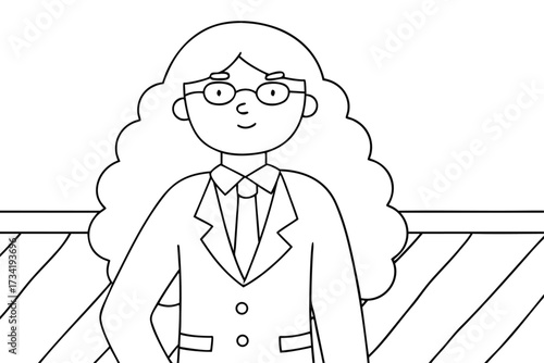 Cartoon scientist woman with long curly hair wearing glasses and a suit with a tie female character
