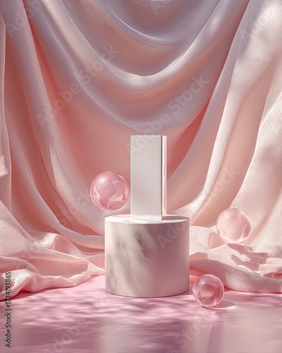 Pink draped fabric, pedestal, and orbs