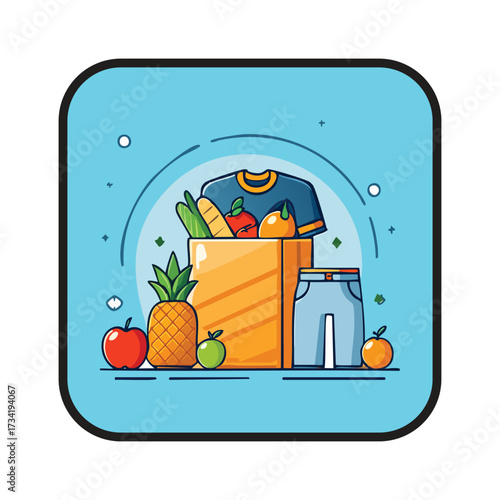 Illustration of a donation box filled with food and clothes for charity purpose