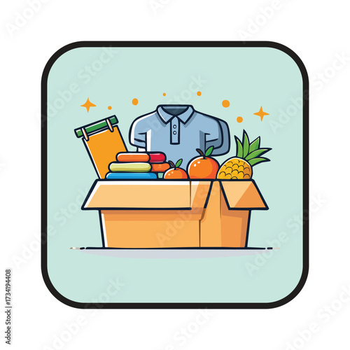 Generosity in giving: Vector illustration of a donation box filled with goods and food