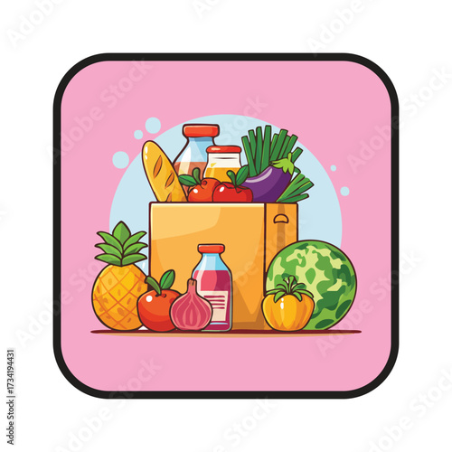 A Vibrant and Whimsical Illustration of Groceries in a Box, Suitable for Various Designs