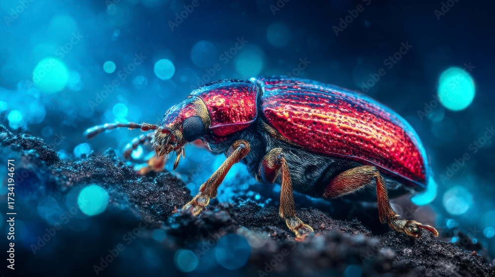 Fototapeta premium Close-Up of a Shiny Red Beetle on a Dark Surface with Bokeh Background, Highlighting Its Unique Features and Intricate Details, in Stunning Macro Photography