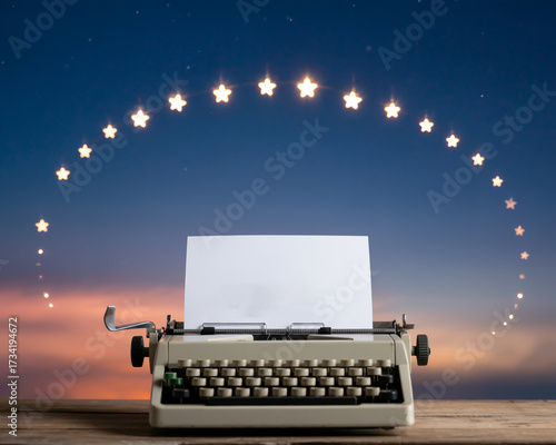 Vintage typewriter with blank paper and stars on a wooden table at night